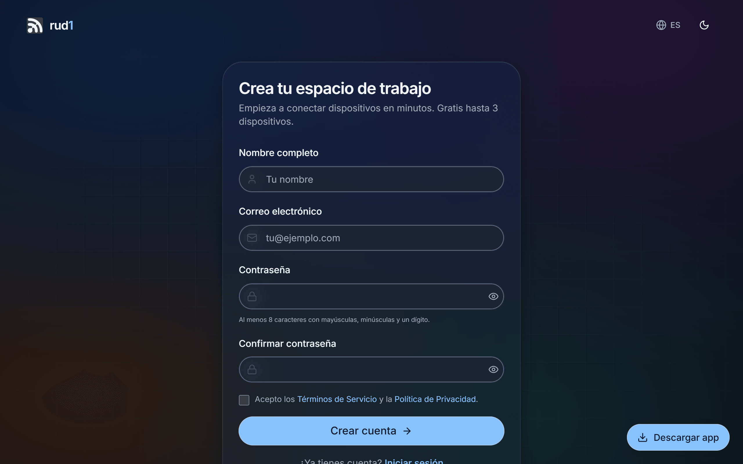 La pantalla de registro de rud1.es.