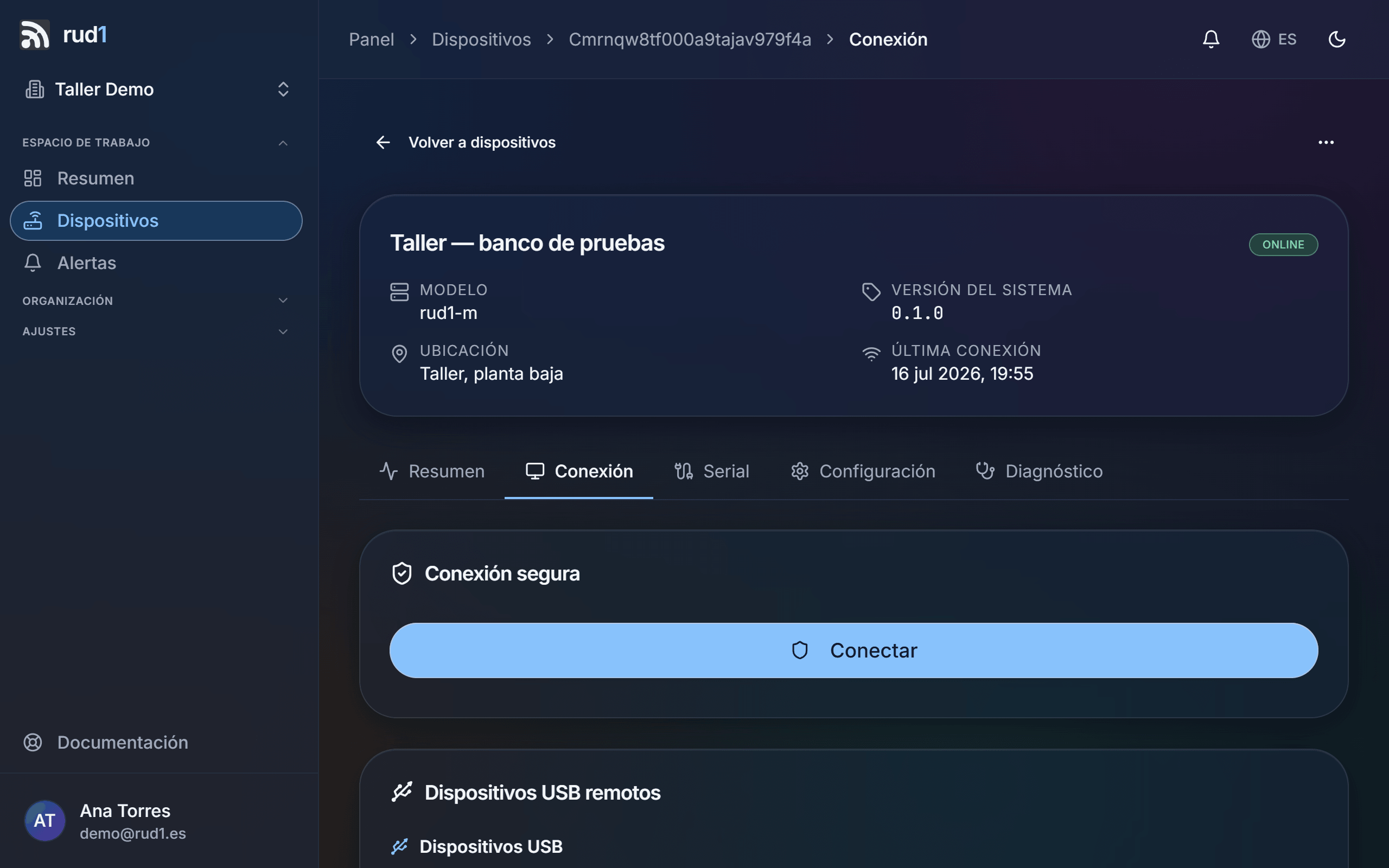 La pestaña Conexión del dispositivo, desde donde se abre el túnel.