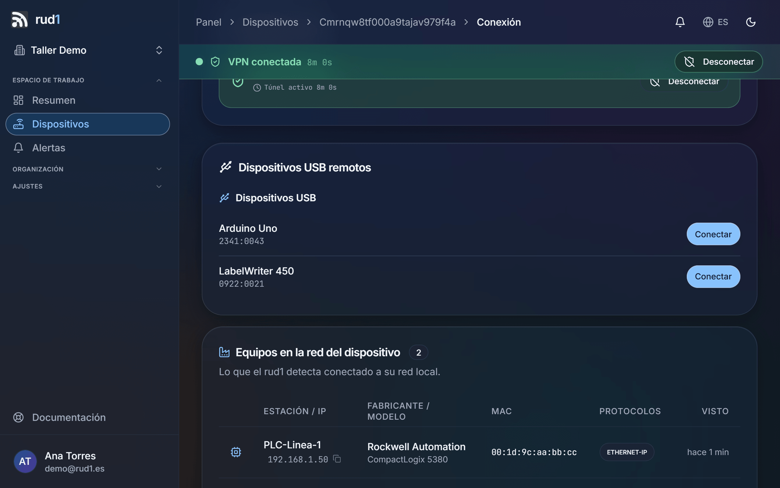 Los dispositivos USB conectados al rud1, listos para compartir.
