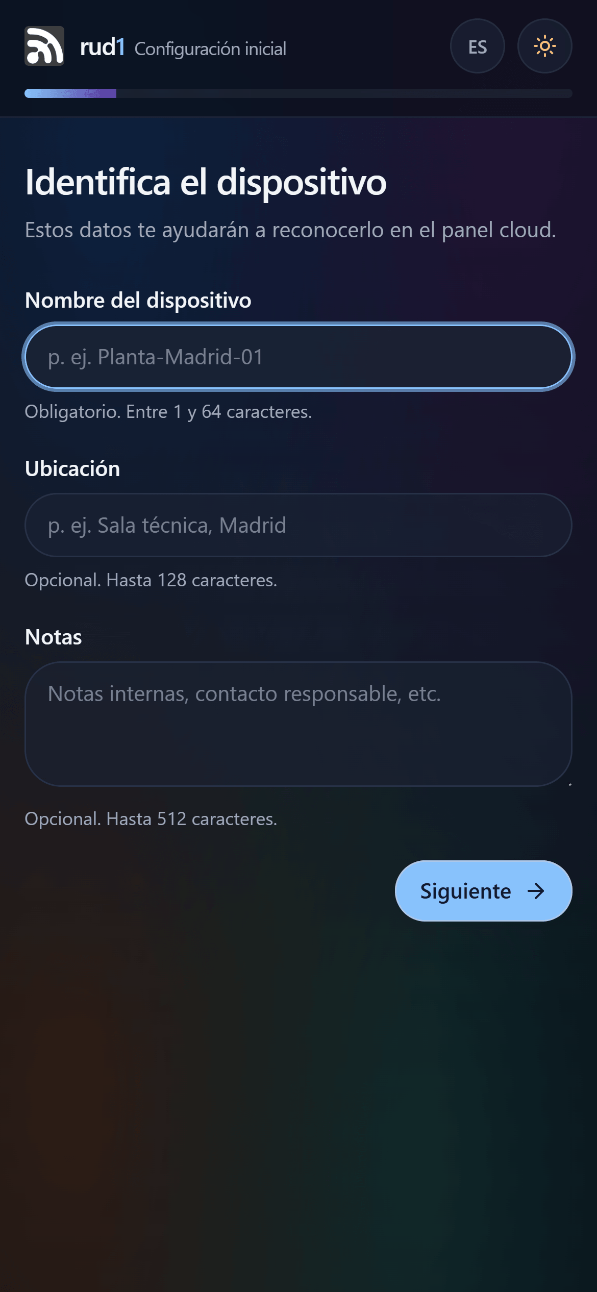 Primera pantalla del asistente, tal y como la ves en rud1.local.